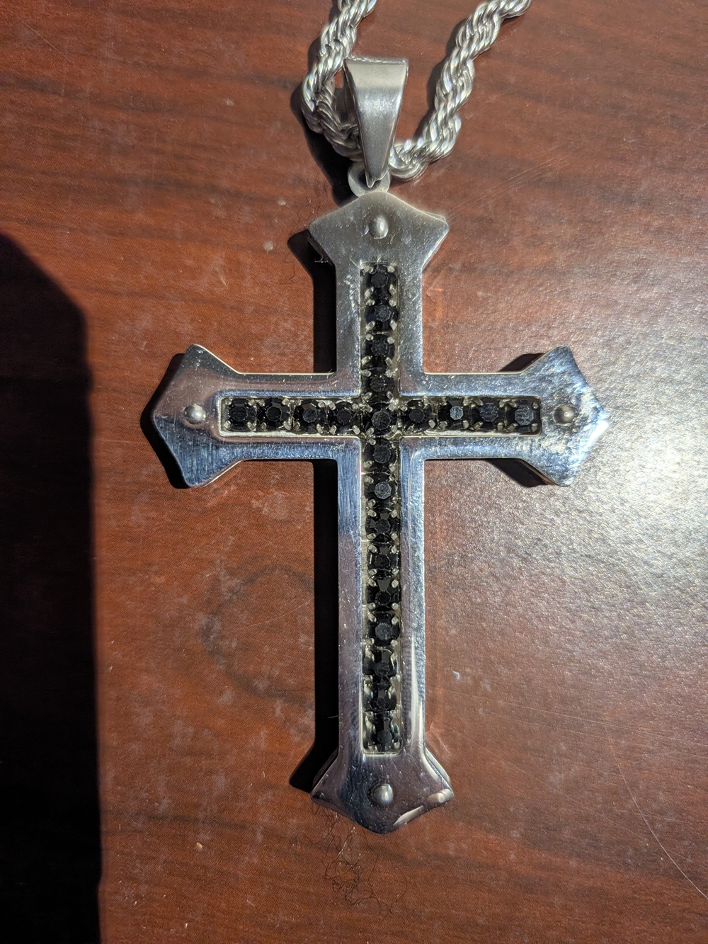 Men's Stainless Steel Cross Pendant Necklace with Black Stone Inlay